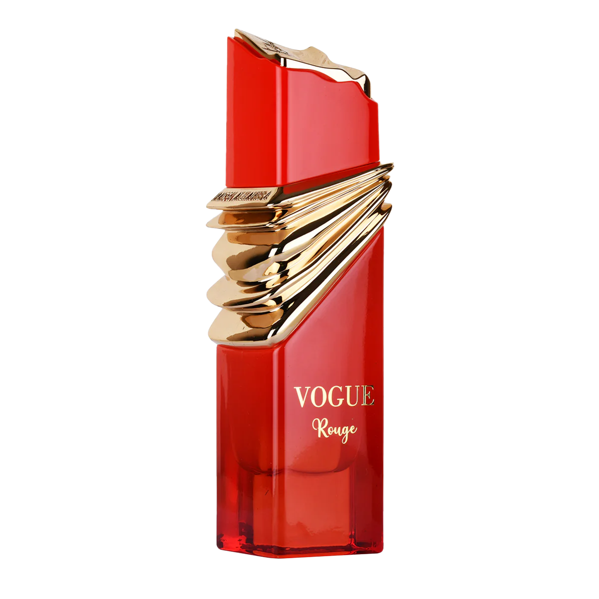 Vogue Rouge perfume bottle in bold red glass with sculpted gold detailing and angular top.