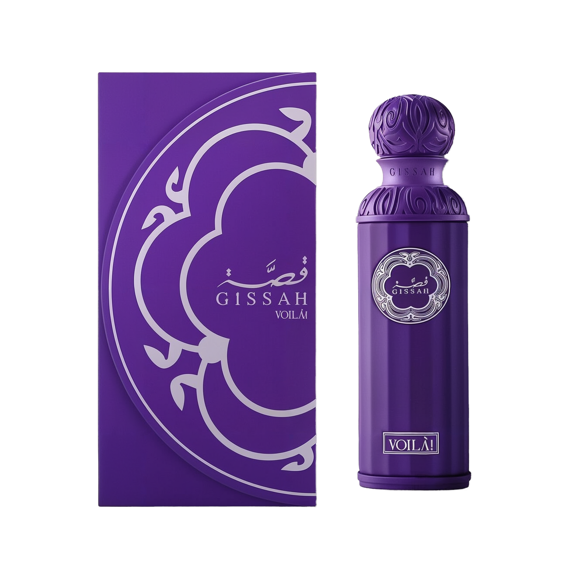 A sleek, cylindrical purple perfume bottle with an ornate spherical cap, labeled “Gissah Voila!” in silver, standing next to a matching purple box adorned with a stylized silver pattern.