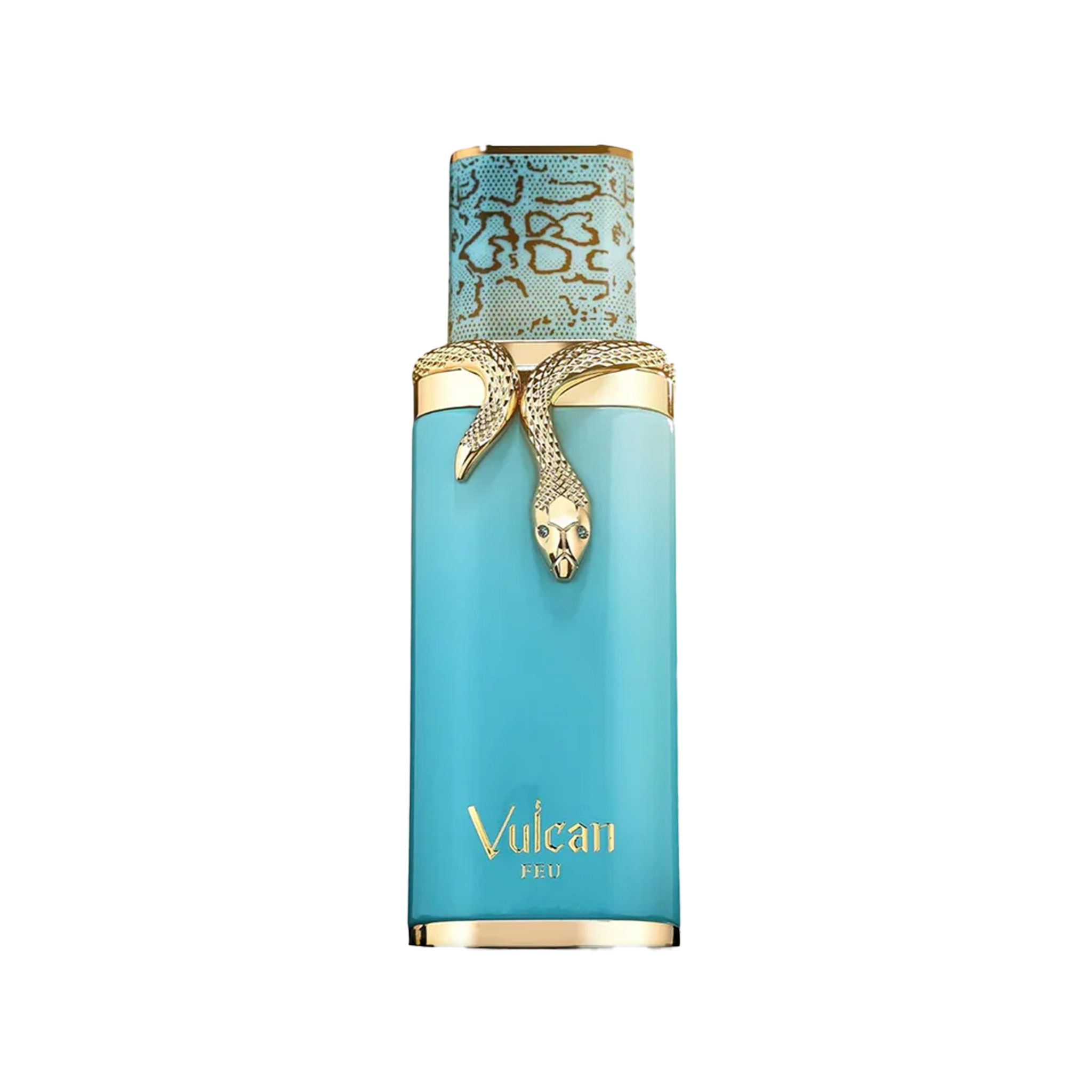 Turquoise perfume bottle with a gold snake wrap and patterned cap, featuring gold Vulcan Feu branding.