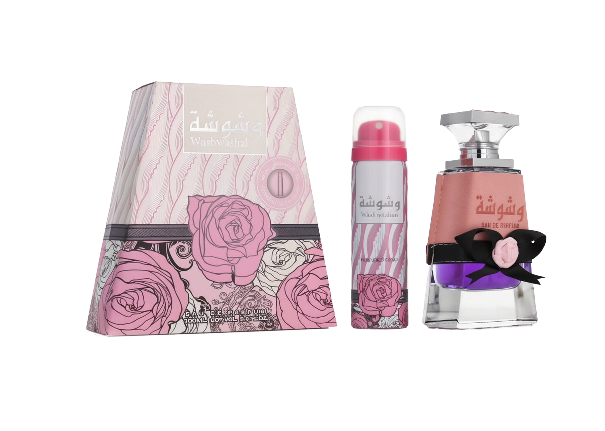 A triangular pink box with swirling rose designs, labeled “Washwashah” by Lattafa, shown alongside a matching pink aerosol spray can and a clear glass perfume bottle with purple liquid, a pink wraparound band, and a black bow accent.