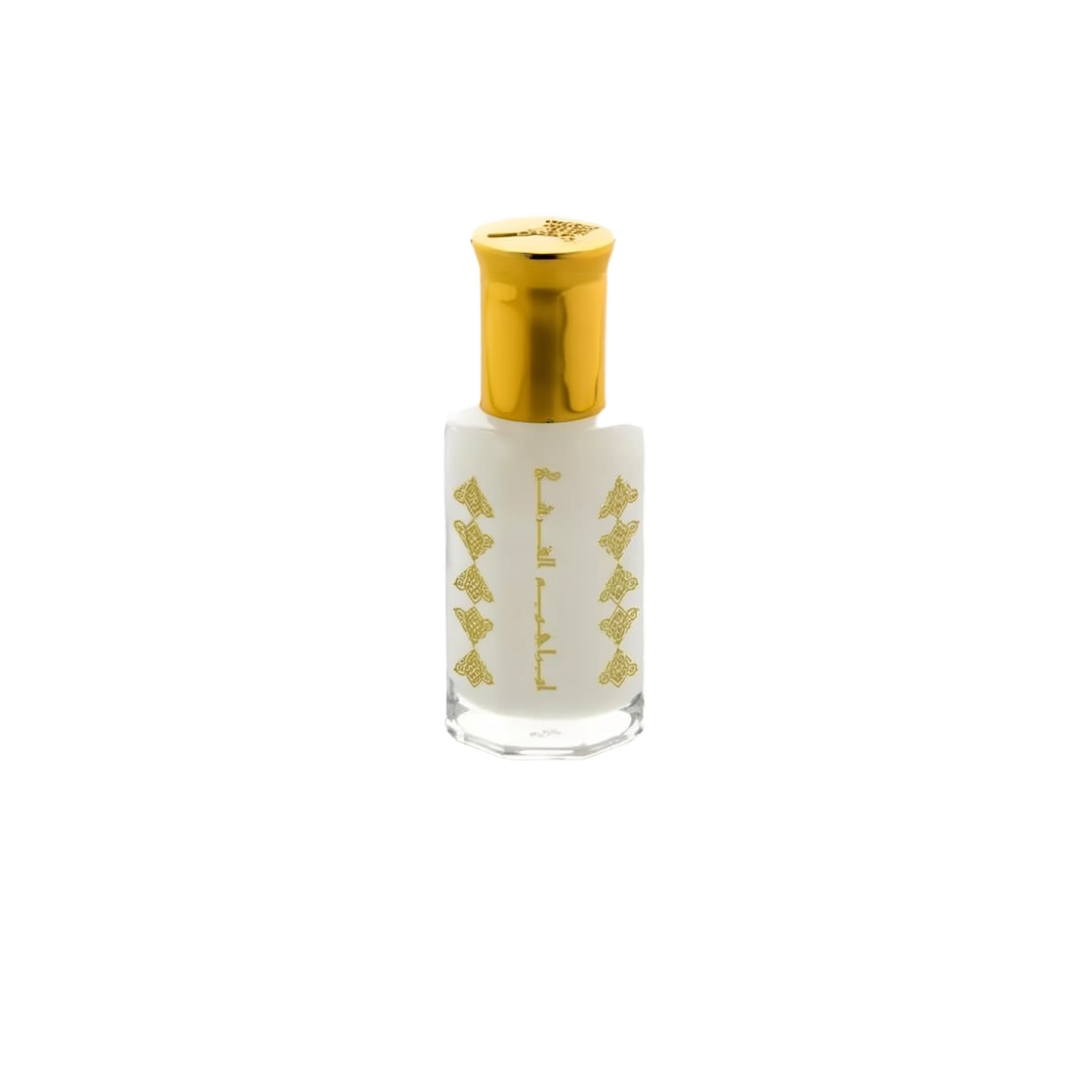 An elegant clear glass perfume bottle with a frosted finish and a shiny golden cap. The bottle is adorned with golden Arabic calligraphy and decorative elements that add to its sophisticated look. The reflection of the bottle is visible on the surface below, suggesting a clean and refined aesthetic.