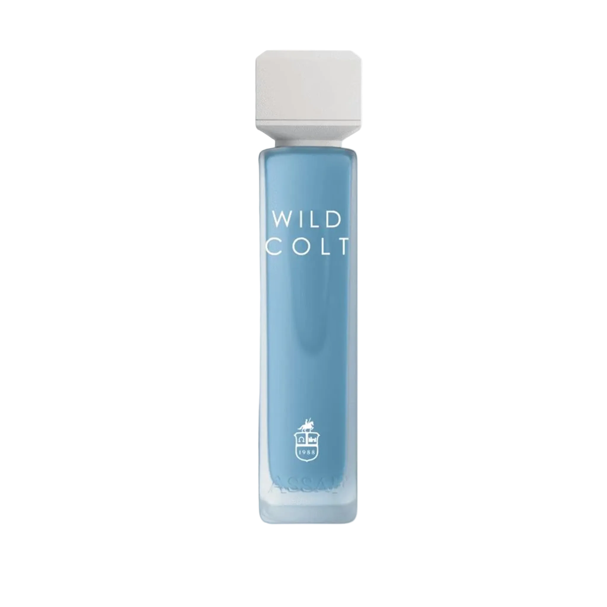 Assaf Wild Colt perfume bottle in slim blue glass with a square white cap.