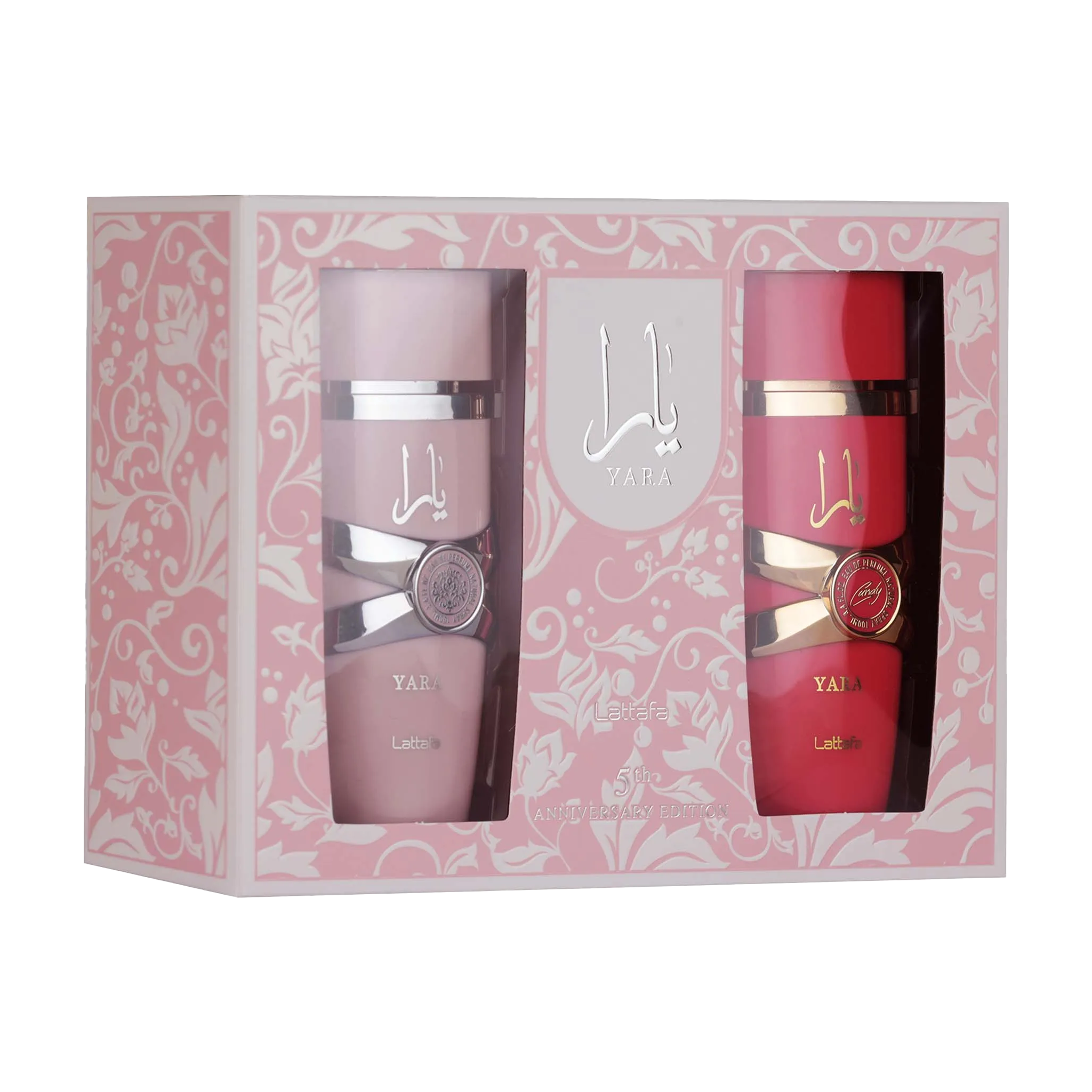 Lattafa Yara Perfume Gift Set, one in light pink and deep red, both with silver accents and embossed details.