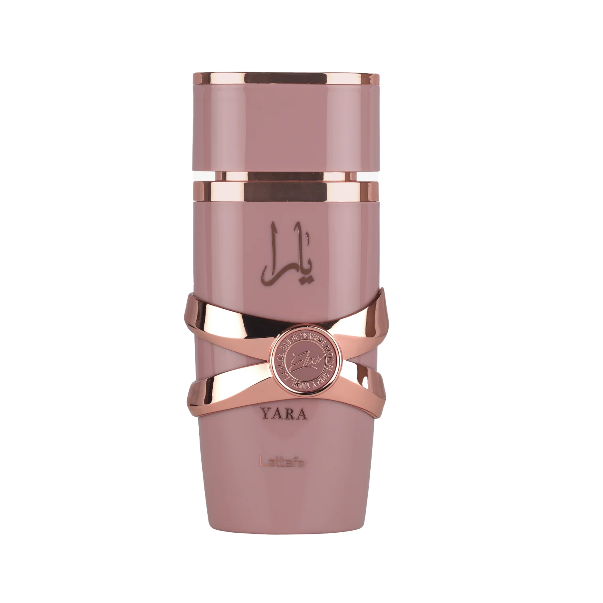 Lattafa Yara Elixir perfume bottle in dusty pink with rose gold accents and Arabic script, featuring a round emblem detail.