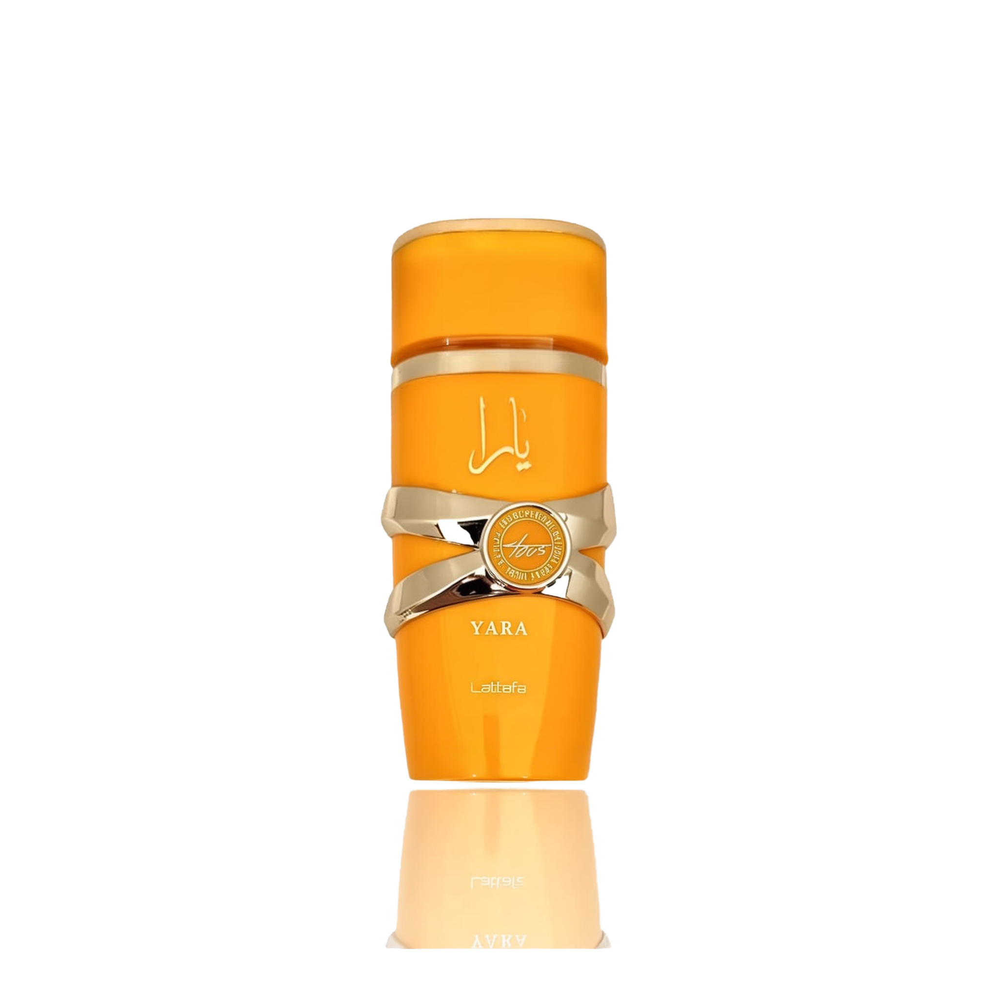 This image features a bright orange cylindrical perfume bottle with the name "YARA" from the brand Lattafa. The design is distinguished by a gold ribbon-like band wrapped around the center, with a circular emblem featuring text that may denote "EAU DE PARFUM NATURAL SPRAY". The Arabic script for "YARA" is placed above the gold band. The bottle has a glossy finish and is presented against a gradient background that fades from white at the top to a light reflection of the bottle at the base.