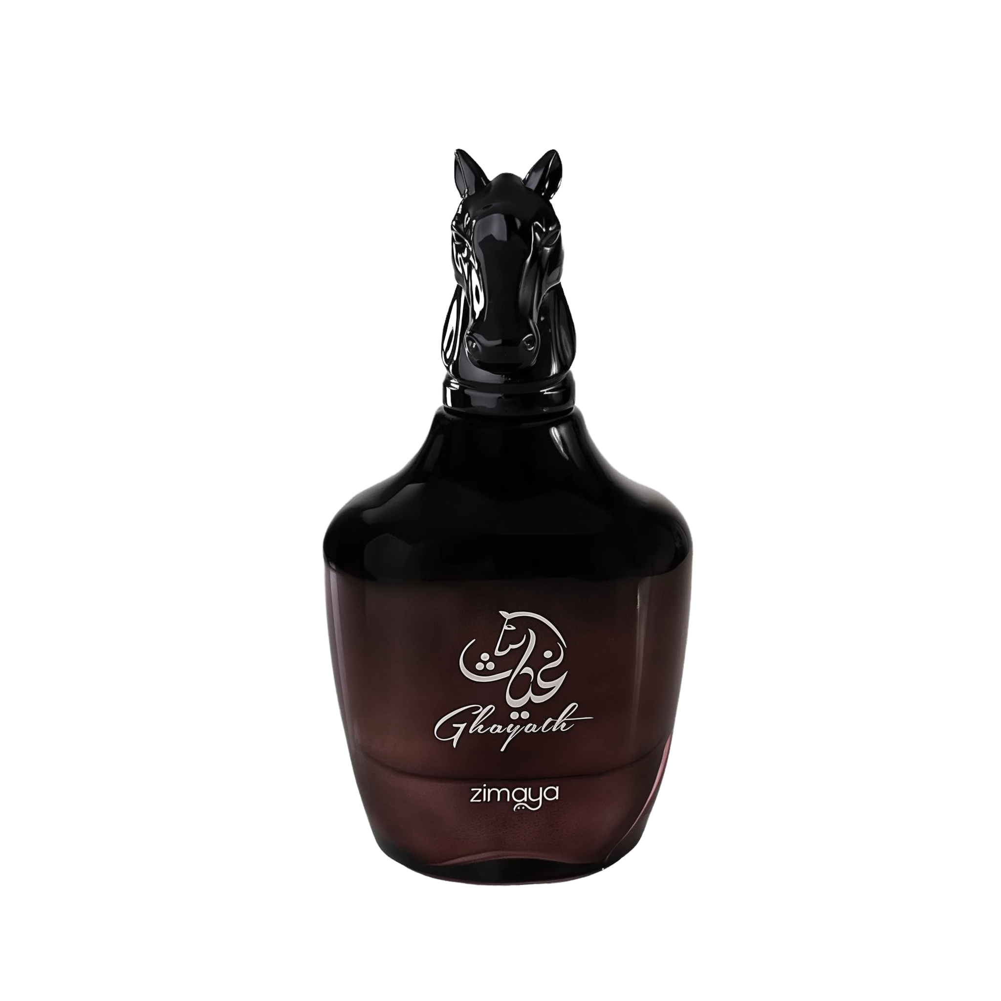 The image shows a bottle of "Ghayath" eau de parfum by Zimaya. The perfume bottle is glossy black with a unique, sculpted design resembling a horse's head as the cap. The bottle has a rounded base and tapers slightly toward the top. The front of the bottle features white text in Arabic and English that reads "Ghayath" and "zimaya."