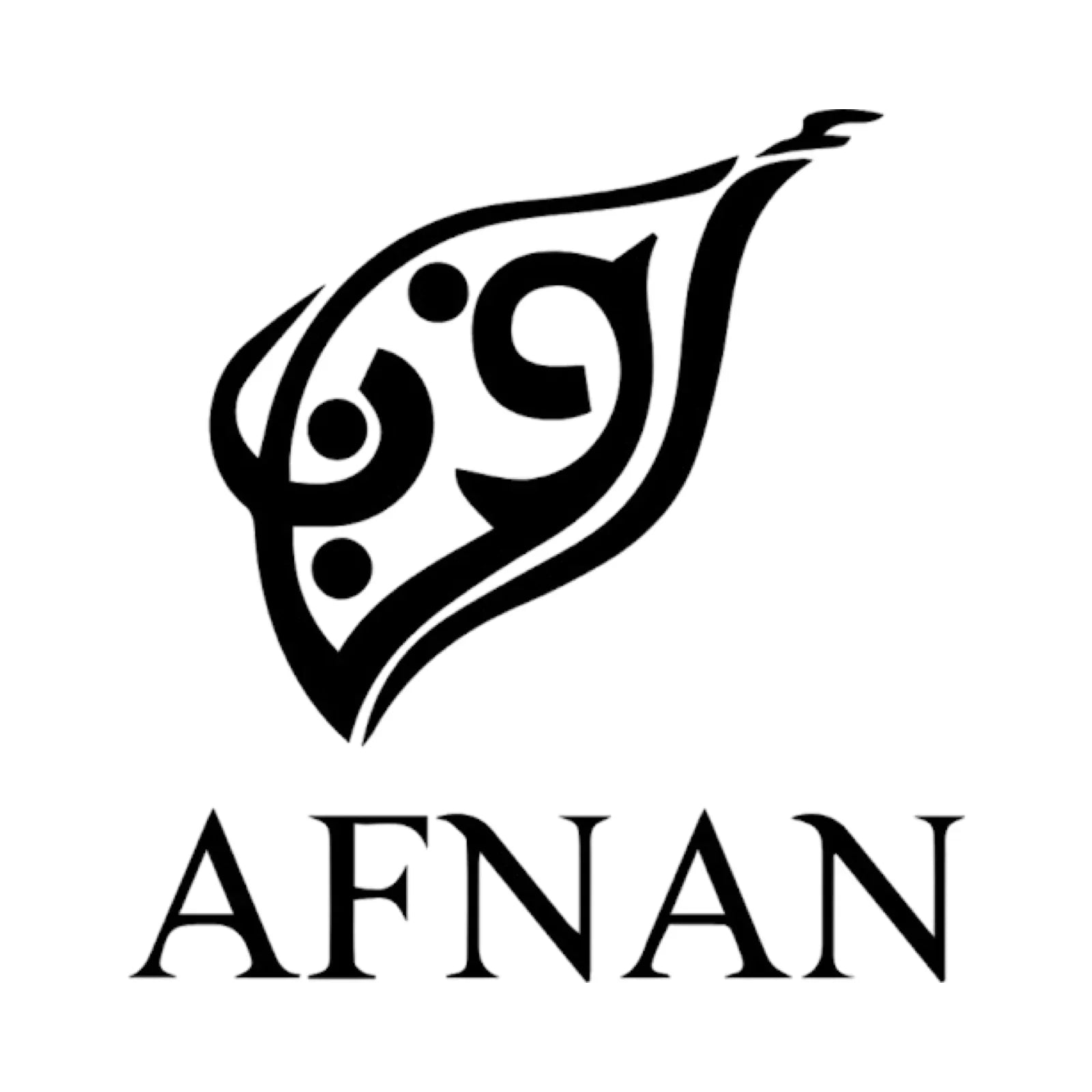 Stylized black swirl emblem above bold uppercase wordmark reading “AFNAN” – official Afnan Perfumes logo