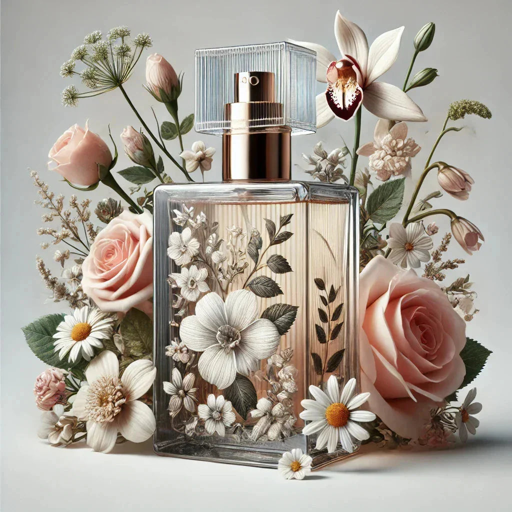 A clear glass bottle adorned with intricate floral patterns, surrounded by an array of blooming flowers including roses, daisies, and orchids, conveying a delicate and romantic fragrance.