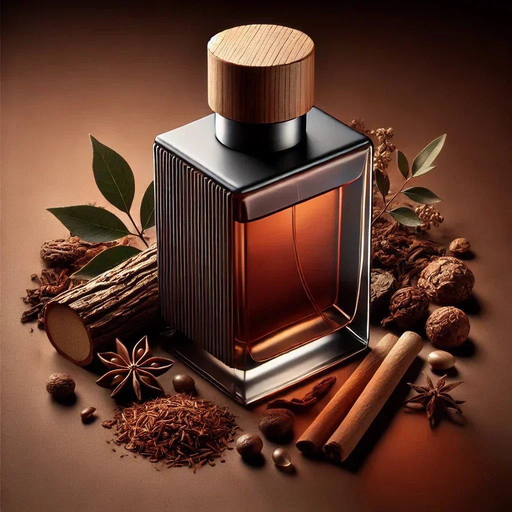 A rectangular perfume bottle with a textured cap. The bottle contains a rich amber liquid, suggesting a warm-woody fragrance. Surrounding the bottle are elements such as cinnamon sticks, star anise, nuts, wood pieces, and green leaves
