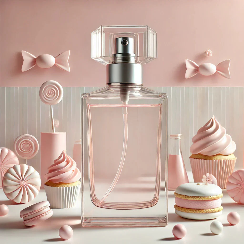 A transparent glass perfume bottle with a modern, faceted cap, filled with a delicate pink liquid. The bottle is placed amid a whimsical array of sweet treats, including cupcakes, macarons, candy, and lollipops, all in soft pink and white tones.