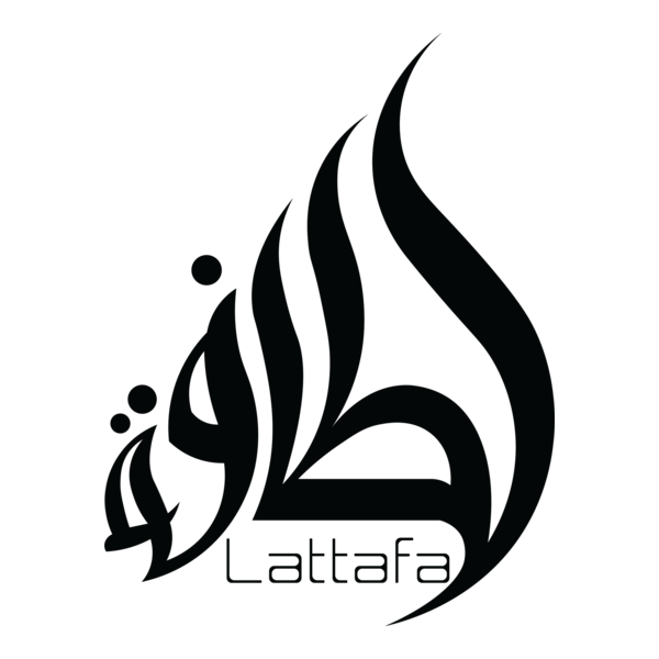 Black flame-shaped Arabic calligraphy forming the logo with small English word 'Lattafa' underneath on white background.