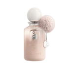 Soft beige perfume bottle with round cap, cat emblem, and fluffy pom pom charm labelled “100 Ways of Love”.