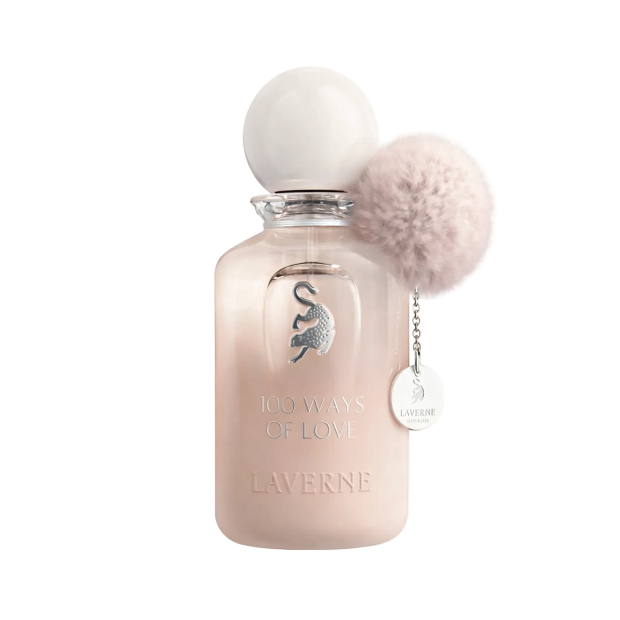 Soft beige perfume bottle with round cap, cat emblem, and fluffy pom pom charm labelled “100 Ways of Love”.