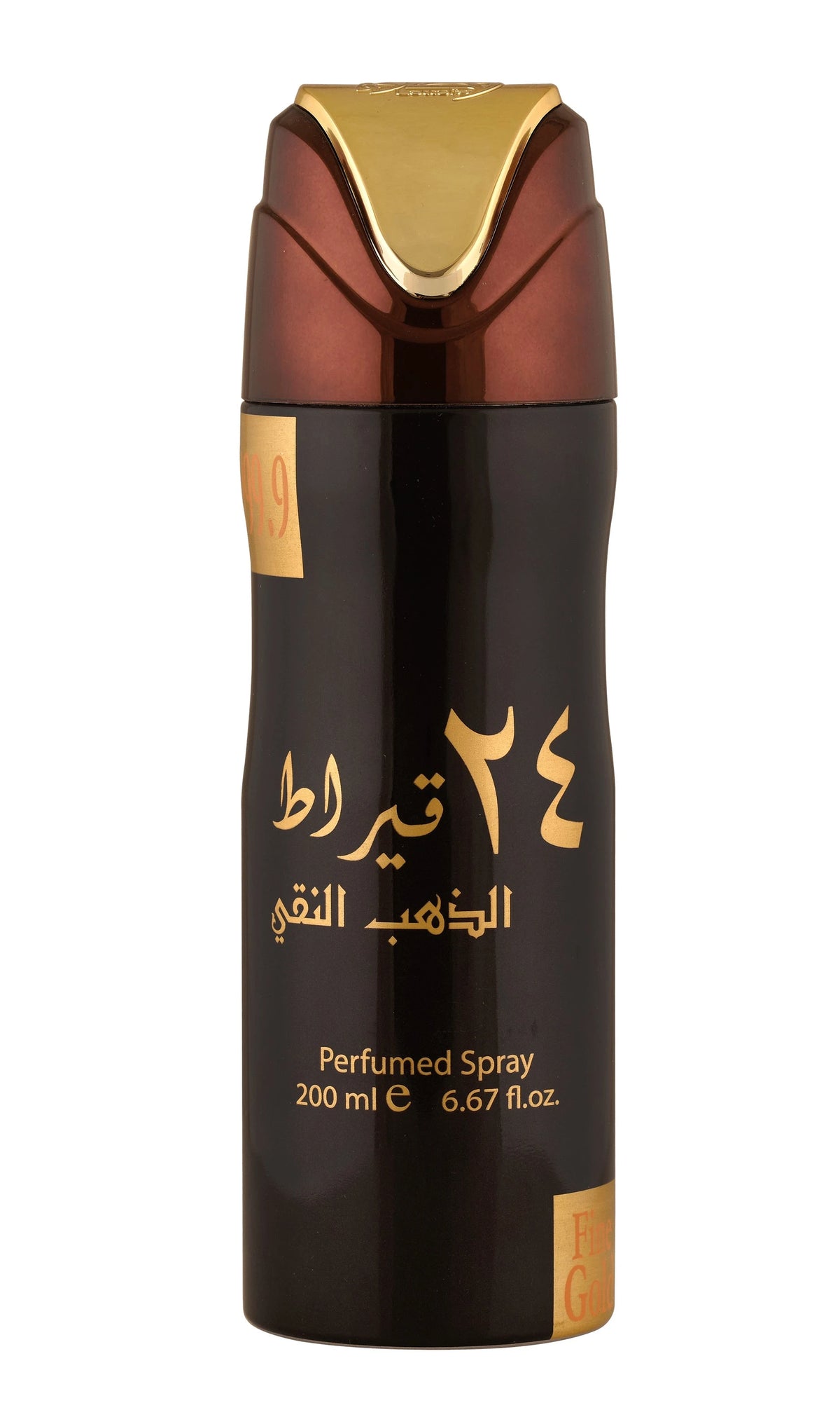 A tall, black and brown cylindrical perfumed spray bottle with gold Arabic text and a metallic gold-brown cap, labeled “Perfumed Spray 200 ml (6.67 fl. oz.)” in gold lettering. The writing indicates “24 Carat Pure Gold” in Arabic.