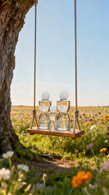 Laverne Sense Forever perfume trio displayed on a wooden swing in a wildflower meadow under a clear sky.