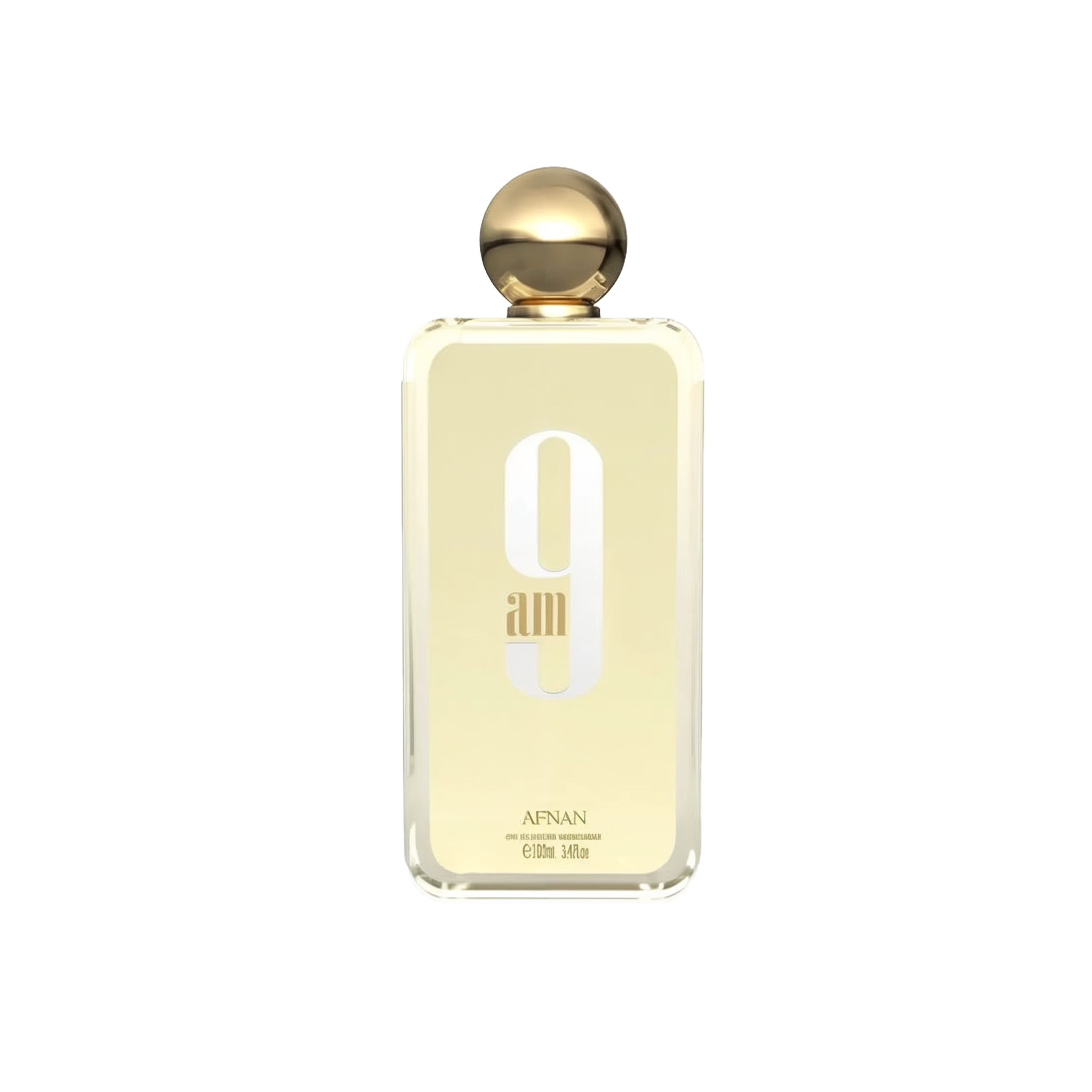 The image depicts a minimalist-designed perfume bottle with a golden cap. The bottle is transparent, revealing a pale yellow liquid inside, suggesting the perfume color. On the bottle's front, in large, white, modern font is "9 am," with the lowercase "am" nestled within the number 9. Below this, in smaller uppercase letters, reads "AFNAN."  The bottle is centered against a white background, which emphasizes the simplicity and elegance of the design.