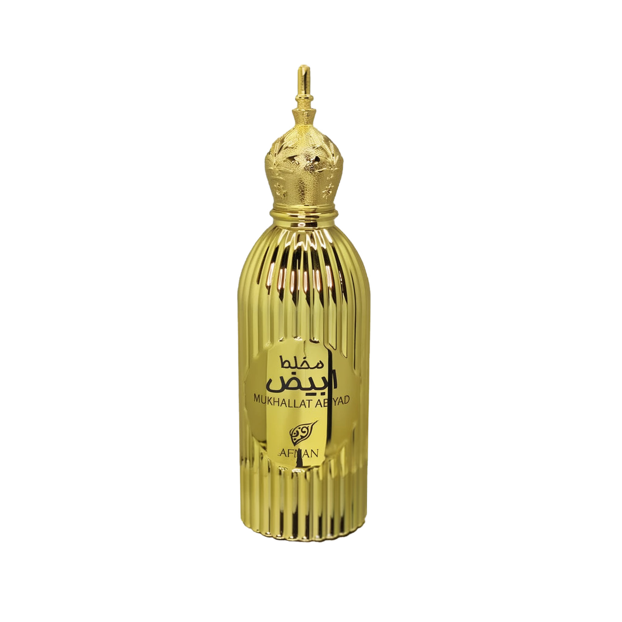 A luxurious, ornate gold perfume bottle labeled "Mukhallat Abiyad" by Afnan.