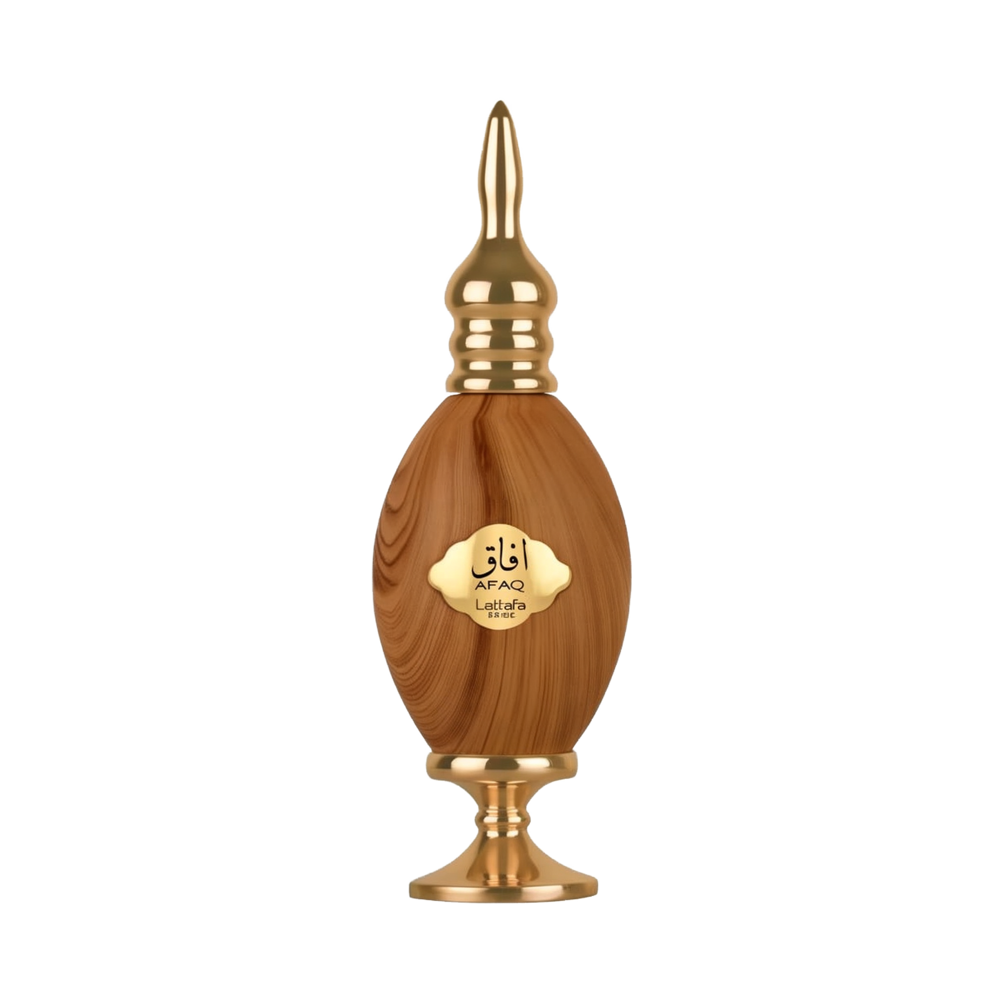 This is an image of a bottle of AFAQ Latifa perfume. The bottle is designed with an appearance resembling wood grain, featuring golden accents on the neck, base, and the label in the center. The label has the brand name "AFAQ" written in a stylized font a
