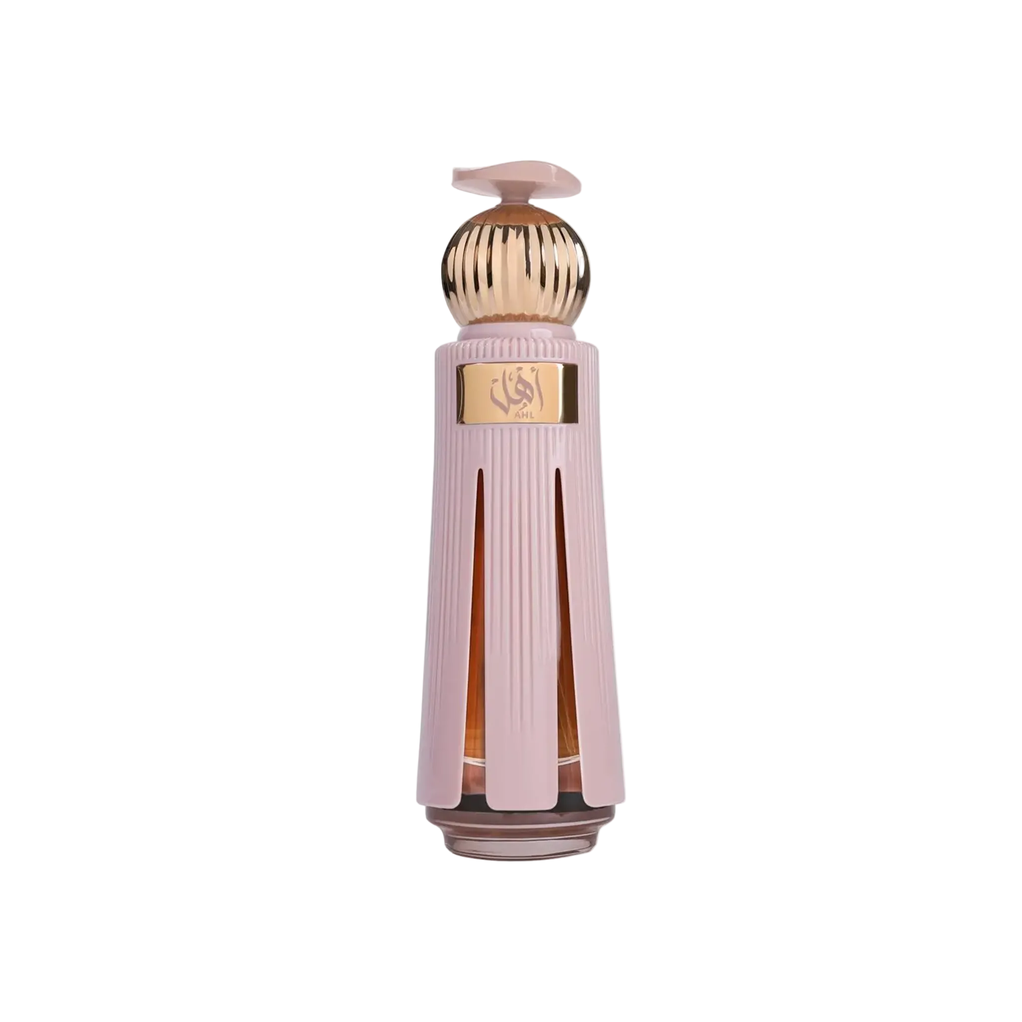 AHL perfume bottle featuring a soft blush pink ribbed outer casing with vertical panels, topped with a gold cap and pale pink lid.