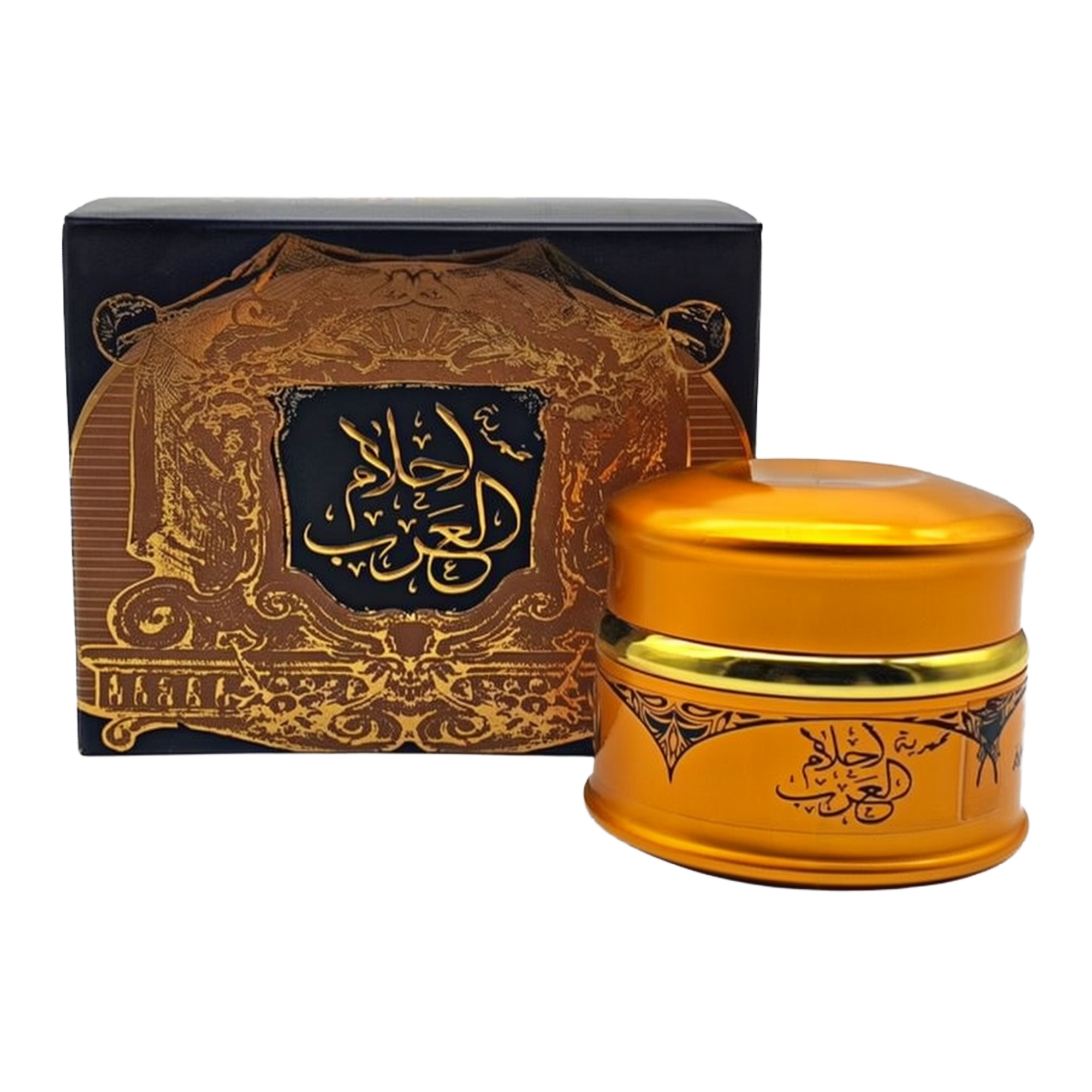 A golden jar of mukhammaria, a traditional scented paste, paired with its packaging box. The jar has intricate black Arabic calligraphy and designs, mirroring the ornate gold and black pattern on the box that also includes Arabic script. The luxurious design suggests this is a product from the Middle East, likely used for personal fragrance. The name "Ahlam Al Arab" can be inferred, which suggests "Arabian Dreams" or a similar concept.