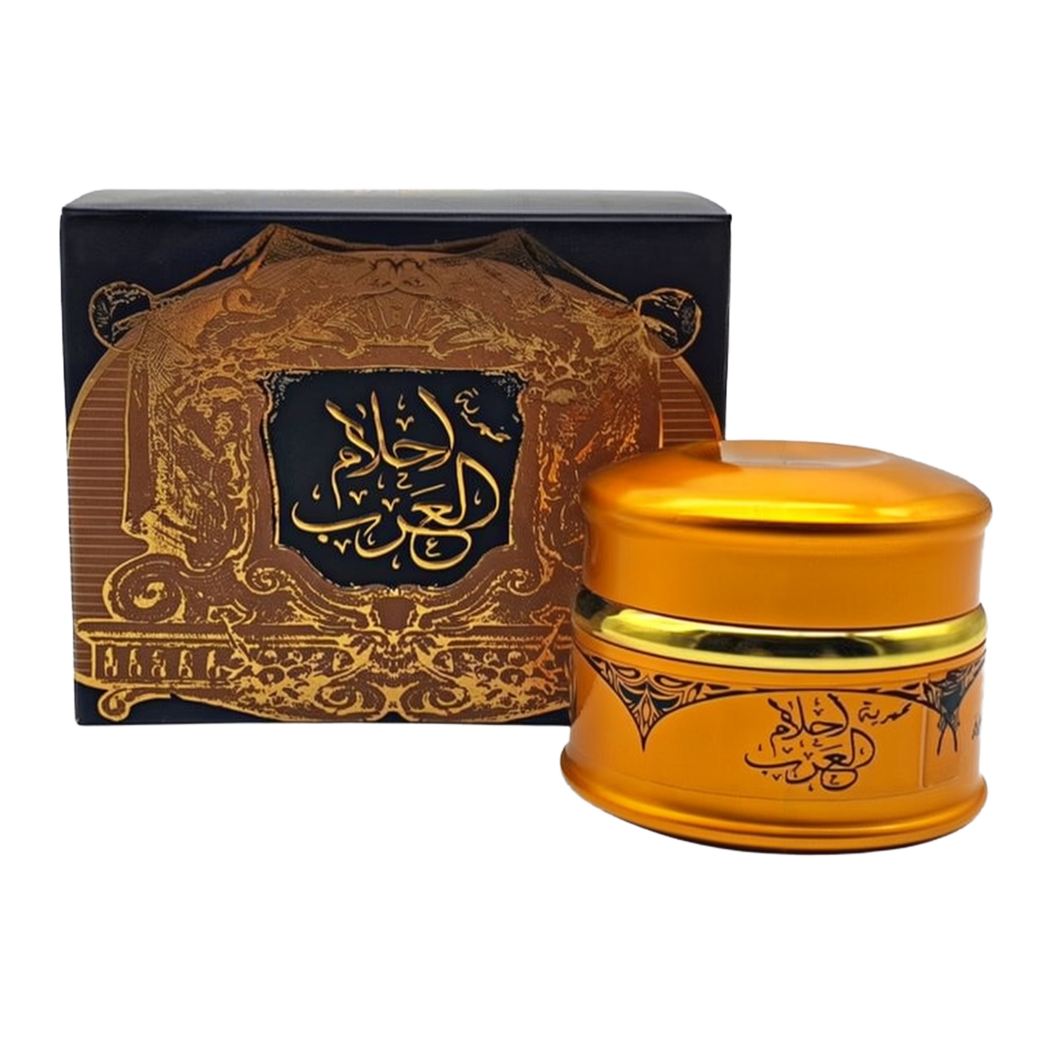A golden jar of mukhammaria, a traditional scented paste, paired with its packaging box. The jar has intricate black Arabic calligraphy and designs, mirroring the ornate gold and black pattern on the box that also includes Arabic script. The luxurious design suggests this is a product from the Middle East, likely used for personal fragrance. The name "Ahlam Al Arab" can be inferred, which suggests "Arabian Dreams" or a similar concept.