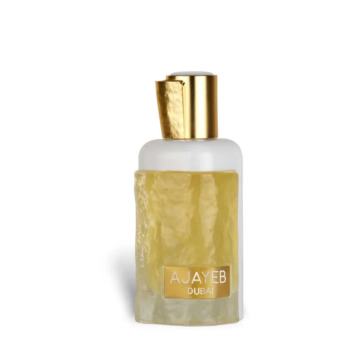 A perfume bottle for 'Ajayeb Dubai' by Lattafa, featuring a frosted white body with a textured gold accent that wraps around the lower half. The bottle has a polished gold cap, adding to the luxurious aesthetic. 