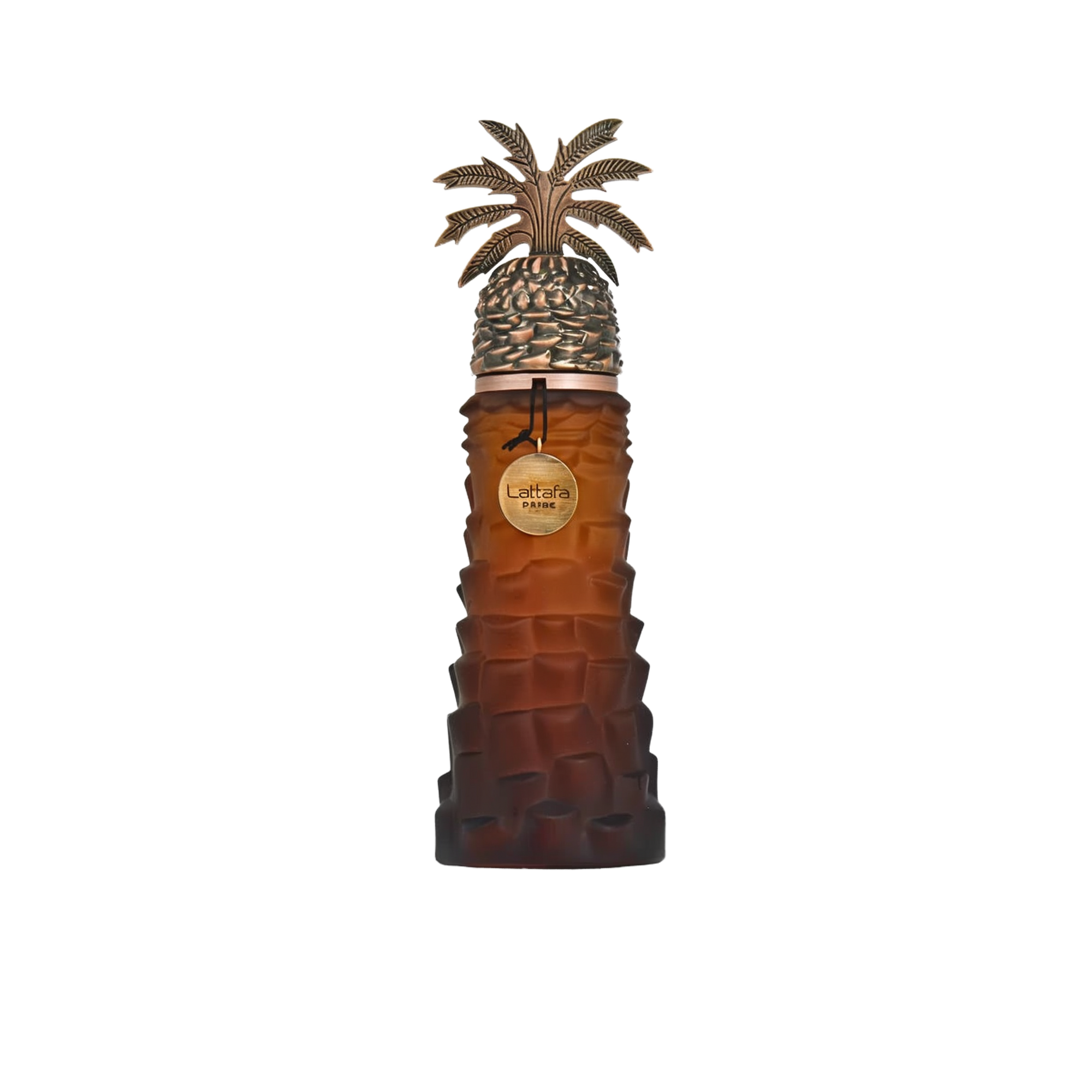 The image shows a unique perfume bottle by Lattafa Pride. The bottle has a distinctive textured design resembling the bark of a palm tree in a brown gradient color. Topping the bottle is an ornate silver cap designed to mimic a palm tree, complete with de