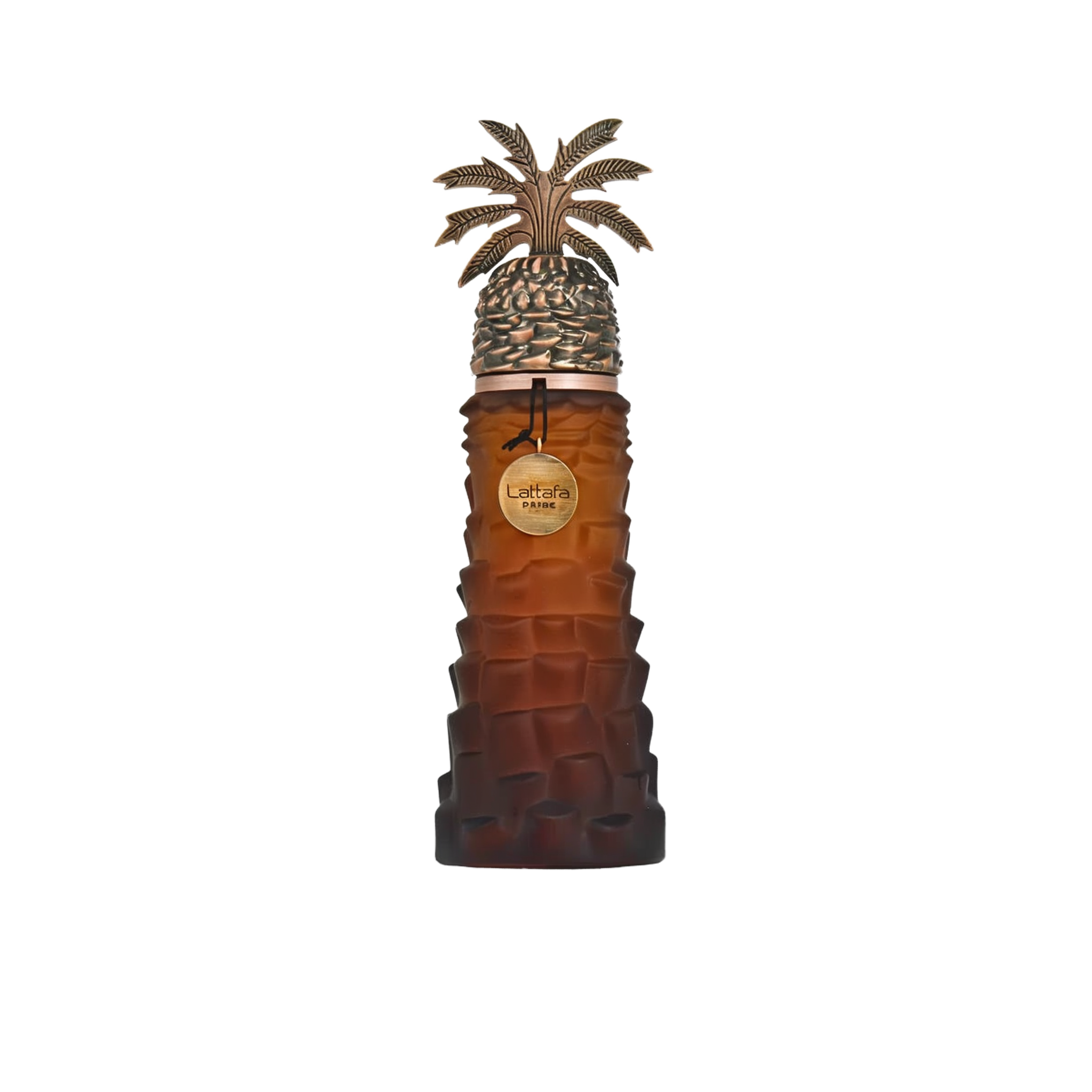 The image shows a unique perfume bottle by Lattafa Pride. The bottle has a distinctive textured design resembling the bark of a palm tree in a brown gradient color. Topping the bottle is an ornate silver cap designed to mimic a palm tree, complete with de