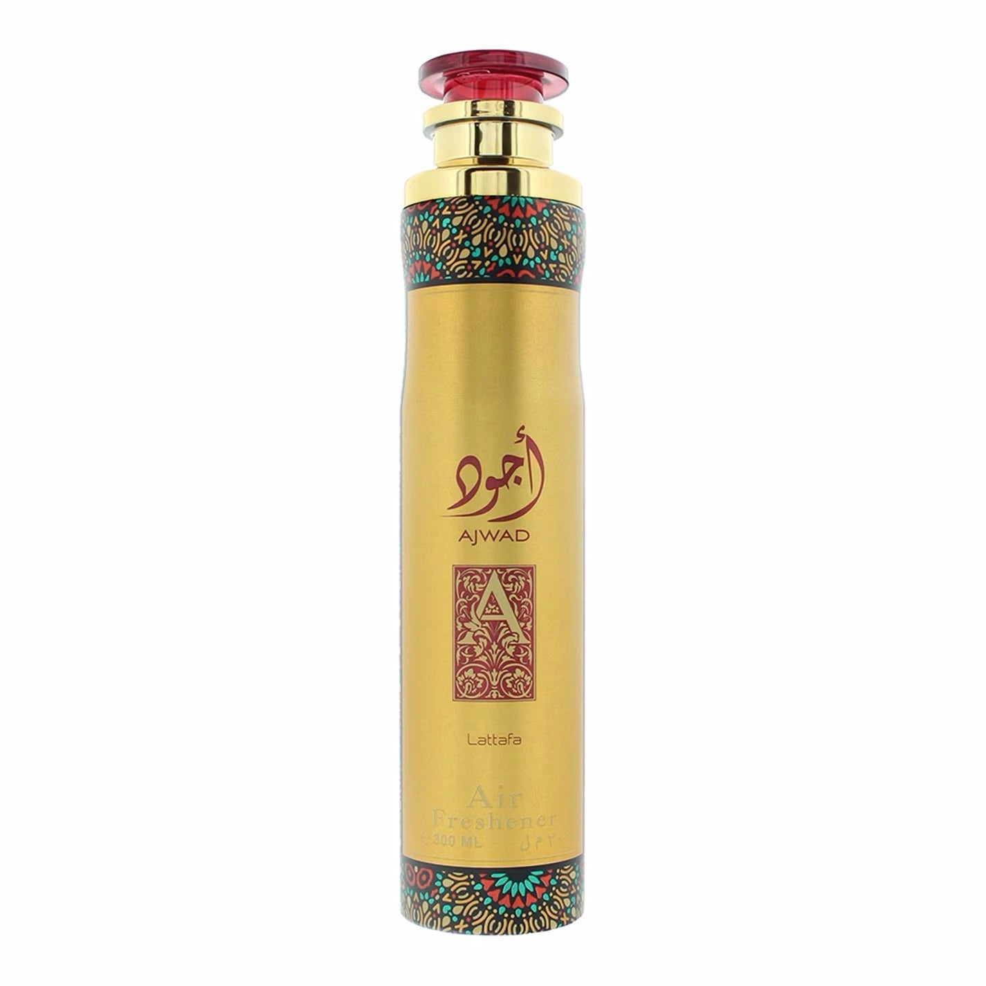 A tall, cylindrical gold can of Ajwad air freshener by Lattafa, featuring Arabic calligraphy in red, a decorative filigree “A” on the front, ornate teal and red patterns around the upper and lower edges, and a translucent red cap on top.