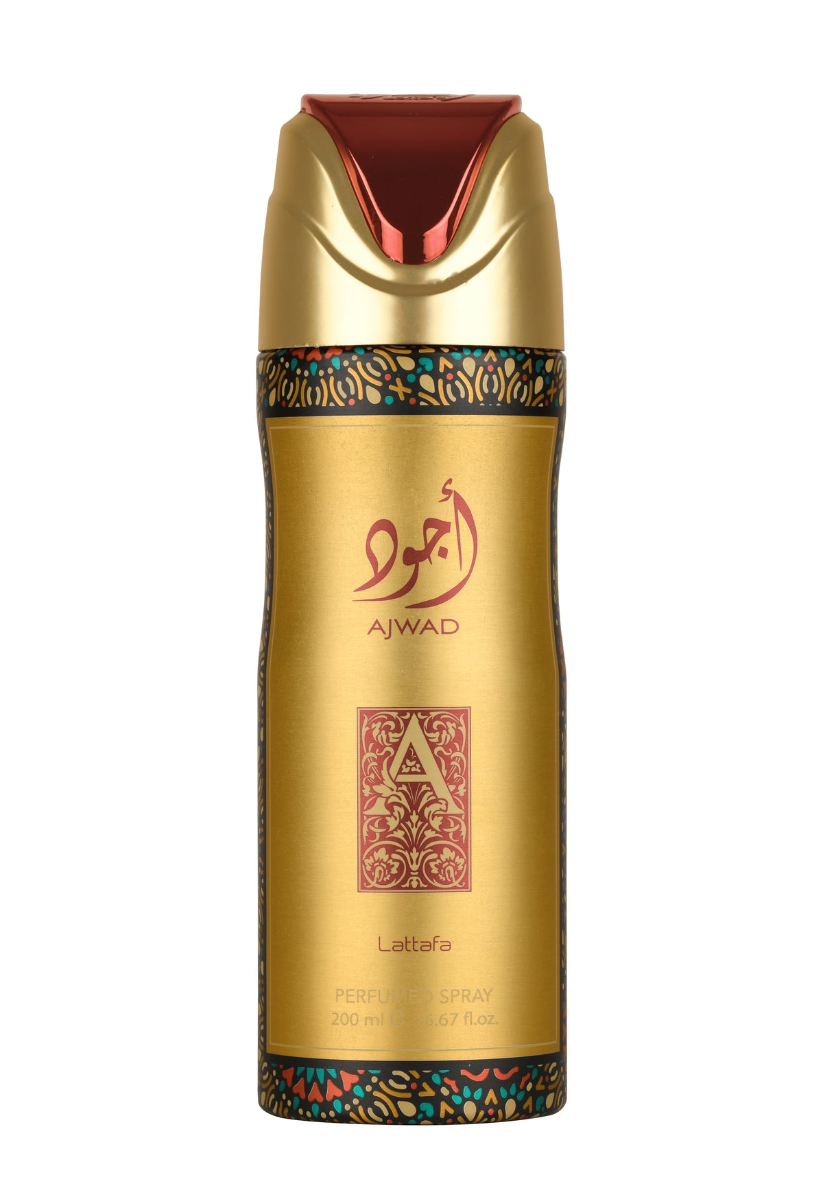 A can of Ajwad Perfumed Body Spray by Lattafa. The 200ml spray features a luxurious gold body with red and multicolor ornamental detailing along the top and bottom edges. The front showcases the name "Ajwad" in red Arabic and English script, along with an ornate letter “A” design in a decorative box.