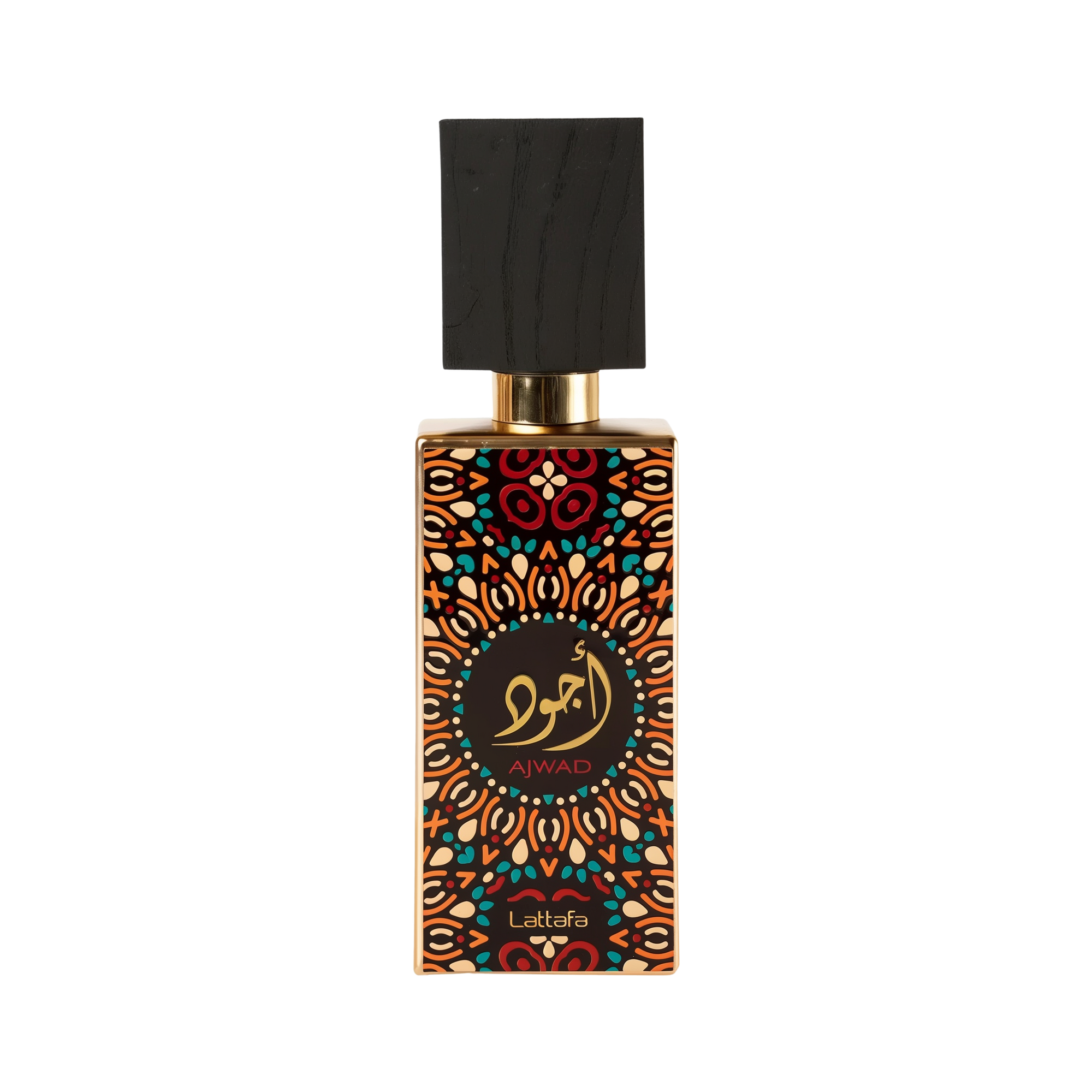 Image of a perfume bottle with a distinctive design. The bottle features a geometric and floral pattern in orange, black, and teal, with a circular black label in the center that has gold Arabic calligraphy and the word 'AJWAD' beneath it. The brand 'Lattafa' is written at the bottom. The cap is black with a textured appearance, resembling wood, and a gold neck. The background is pure white.