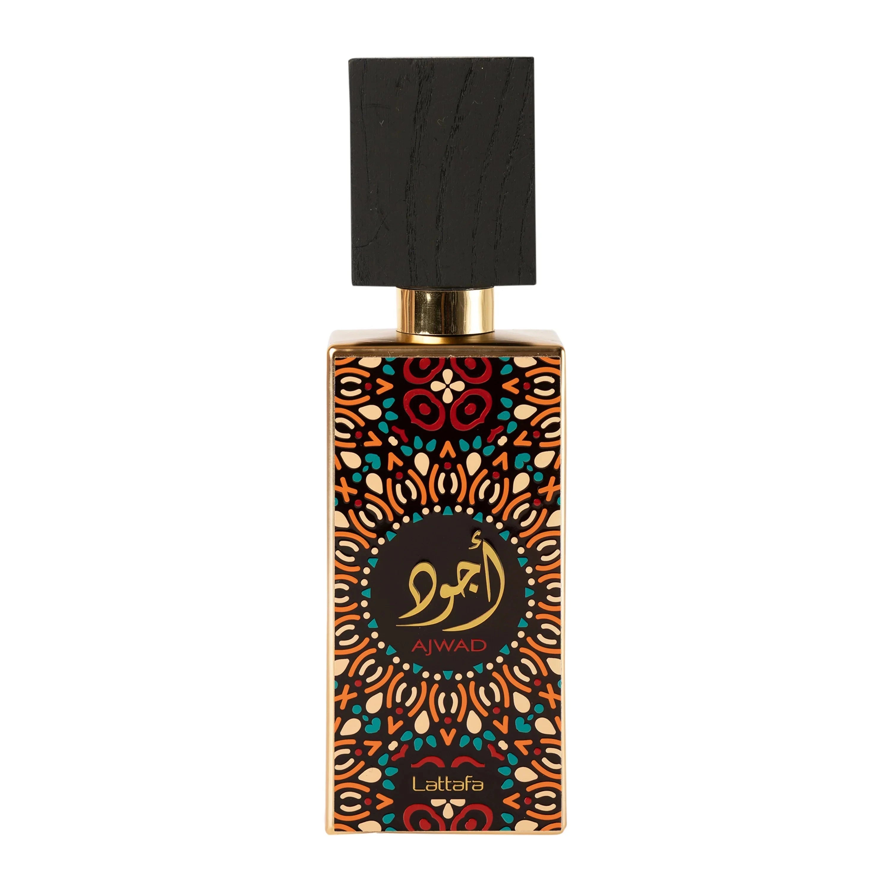 Image of a perfume bottle with a distinctive design. The bottle features a geometric and floral pattern in orange, black, and teal, with a circular black label in the center that has gold Arabic calligraphy and the word 'AJWAD' beneath it. The brand 'Lattafa' is written at the bottom. The cap is black with a textured appearance, resembling wood, and a gold neck. The background is pure white.