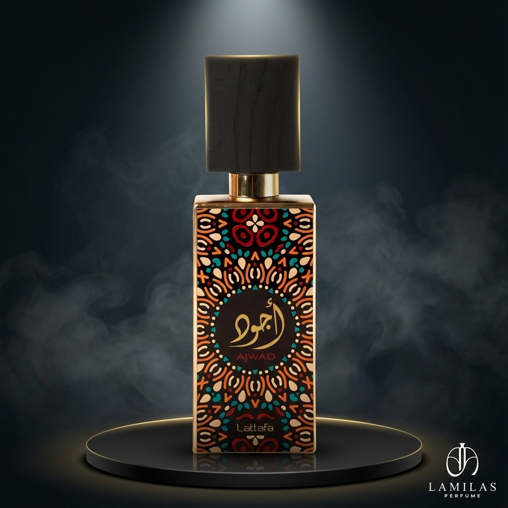 Lattafa Ajwad perfume bottle with a multicolored geometric pattern, black cap, and gold trim, on a smoky dark platform.