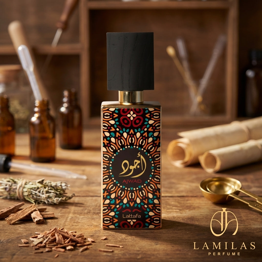 Lattafa Ajwad perfume bottle featuring a colorful geometric design and black cap, surrounded by wood chips and apothecary tools.