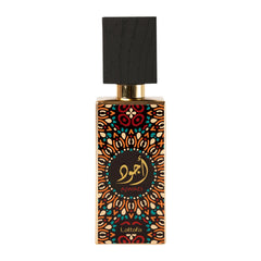 Image of a perfume bottle with a distinctive design. The bottle features a geometric and floral pattern in orange, black, and teal, with a circular black label in the center that has gold Arabic calligraphy and the word 'AJWAD' beneath it. The brand 'Lattafa' is written at the bottom. The cap is black with a textured appearance, resembling wood, and a gold neck. The background is pure white.