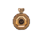 The image is of a perfume bottle displayed against a white background. The bottle has an octagonal shape with a faceted design, giving it the appearance of a cut gem. It is colored in rich gold tones with intricate patterns and textures on its surface that suggest a sense of luxury and opulence.  The cap of the bottle matches the golden design and has a geometric shape consistent with the overall aesthetic.