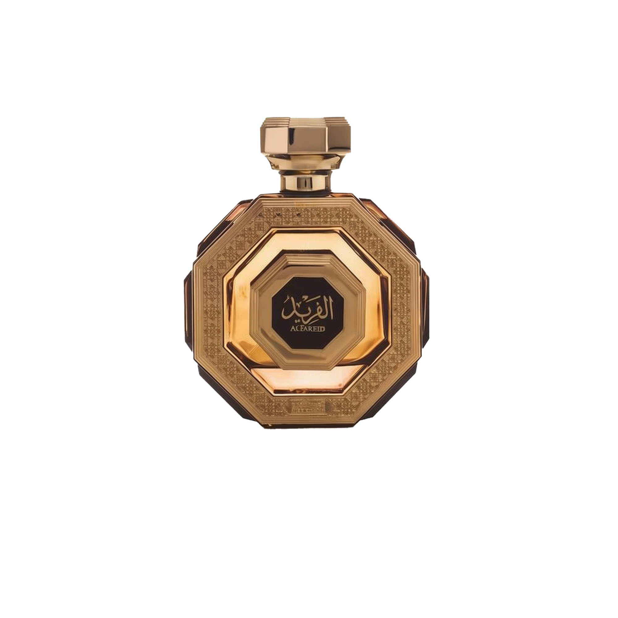 The image is of a perfume bottle displayed against a white background. The bottle has an octagonal shape with a faceted design, giving it the appearance of a cut gem. It is colored in rich gold tones with intricate patterns and textures on its surface that suggest a sense of luxury and opulence.  The cap of the bottle matches the golden design and has a geometric shape consistent with the overall aesthetic.