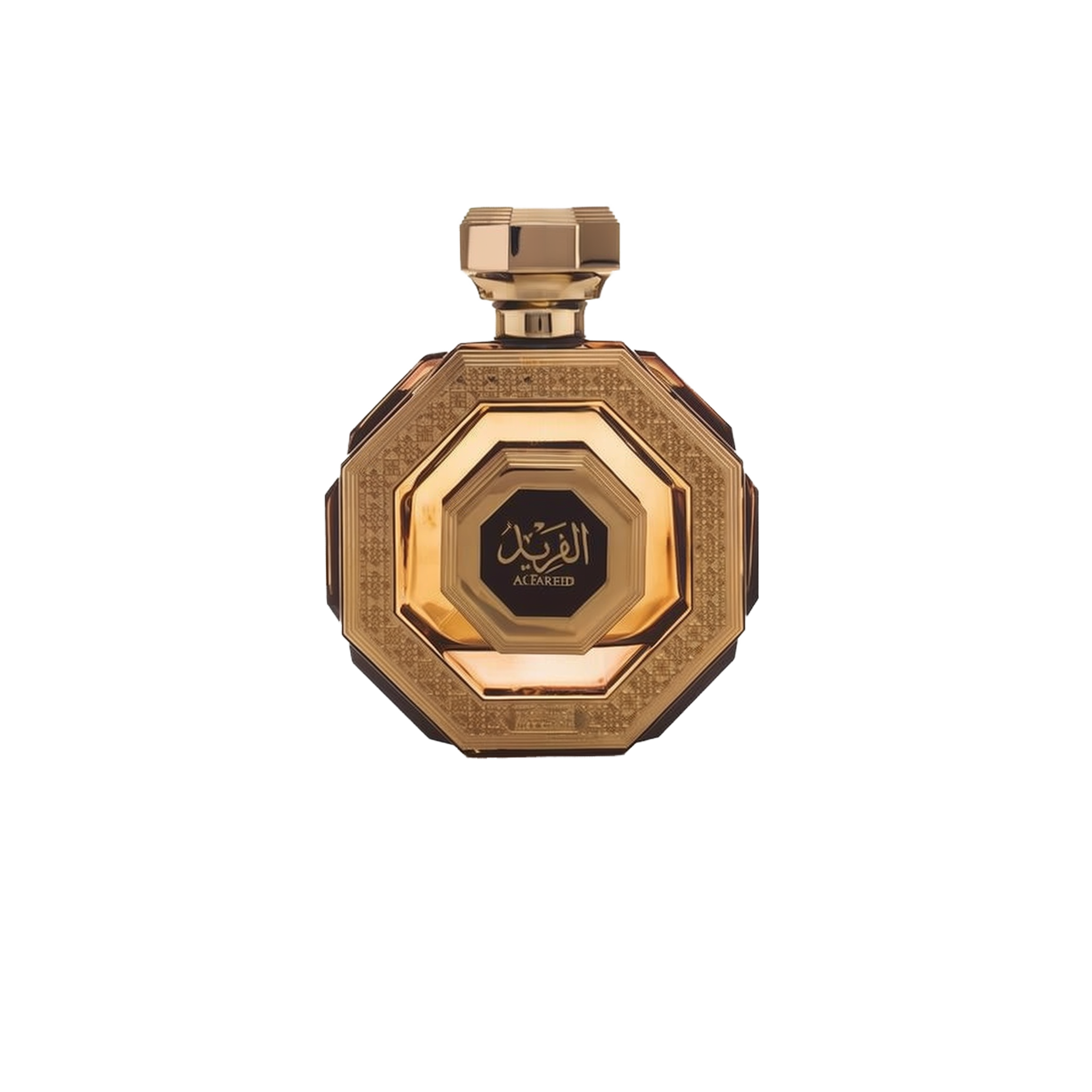 The image is of a perfume bottle displayed against a white background. The bottle has an octagonal shape with a faceted design, giving it the appearance of a cut gem. It is colored in rich gold tones with intricate patterns and textures on its surface that suggest a sense of luxury and opulence.  The cap of the bottle matches the golden design and has a geometric shape consistent with the overall aesthetic.