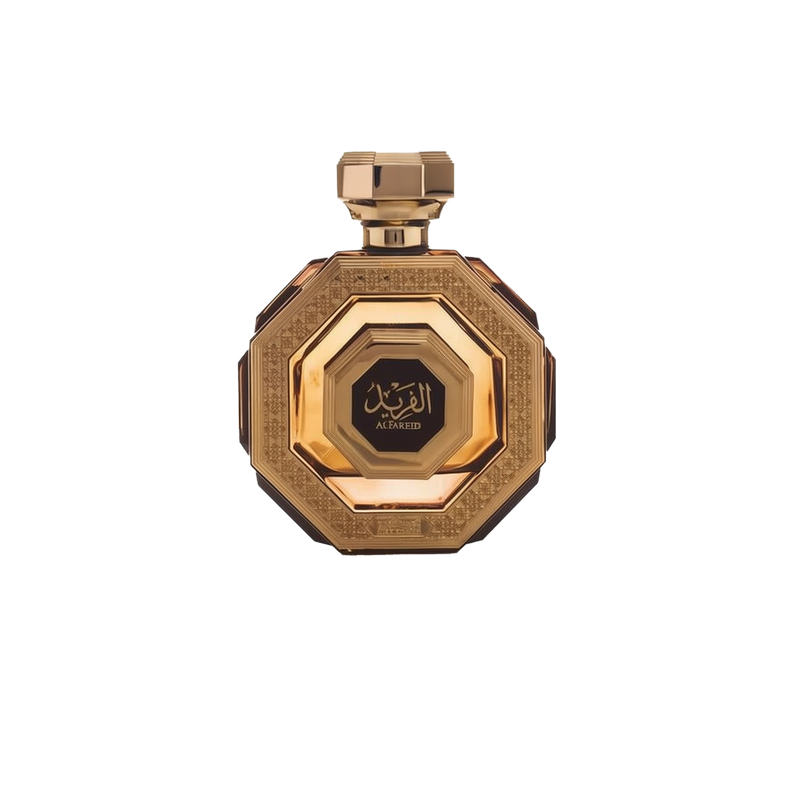 The image is of a perfume bottle displayed against a white background. The bottle has an octagonal shape with a faceted design, giving it the appearance of a cut gem. It is colored in rich gold tones with intricate patterns and textures on its surface that suggest a sense of luxury and opulence.  The cap of the bottle matches the golden design and has a geometric shape consistent with the overall aesthetic.