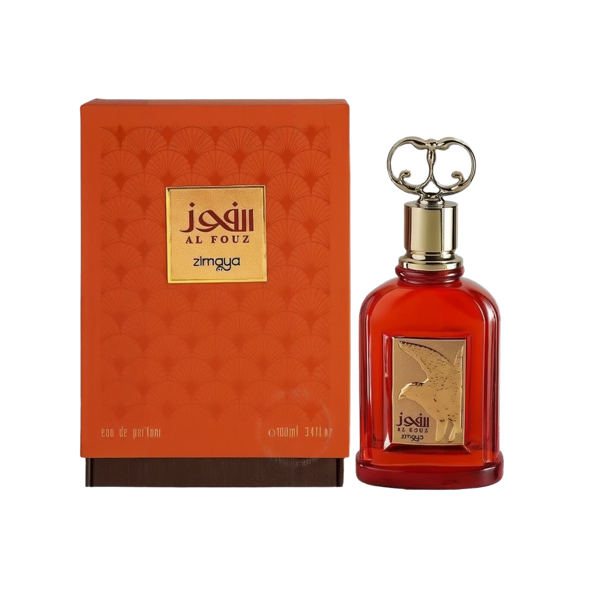 The image displays a perfume set including a bottle and its box. The box has a textured orange surface with a repeating pattern of small, stylized flowers and houses a golden nameplate at the center with Arabic script "?????" (Al Fouz), followed by "zimaya" in a smaller font. Below the nameplate is the label "eau de parfum" and the volume "e 100ml 3.4fl.oz." The perfume bottle is a vibrant red with a clear glass design, revealing the liquid inside.
