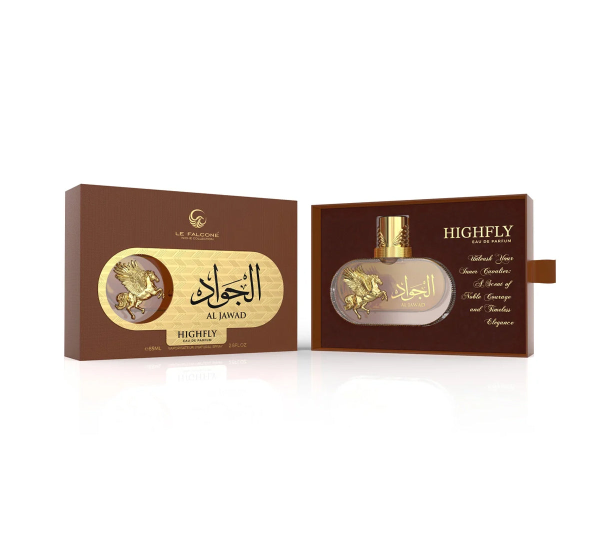 Le Falcone Niche Collection’s “Al Jawad High Fly” perfume against a white background: on the left, a matte‑brown rectangular gift box with a gold‑foil oval panel featuring Arabic calligraphy, the words “Al Jawad Highfly,” and a raised gold Pegasus motif; on the right, the box opens like a drawer to reveal a horizontal oval clear glass bottle filled with golden liquid, topped by a tall faceted gold cap.