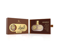 Le Falcone Niche Collection’s “Al Jawad High Fly” perfume against a white background: on the left, a matte‑brown rectangular gift box with a gold‑foil oval panel featuring Arabic calligraphy, the words “Al Jawad Highfly,” and a raised gold Pegasus motif; on the right, the box opens like a drawer to reveal a horizontal oval clear glass bottle filled with golden liquid, topped by a tall faceted gold cap.
