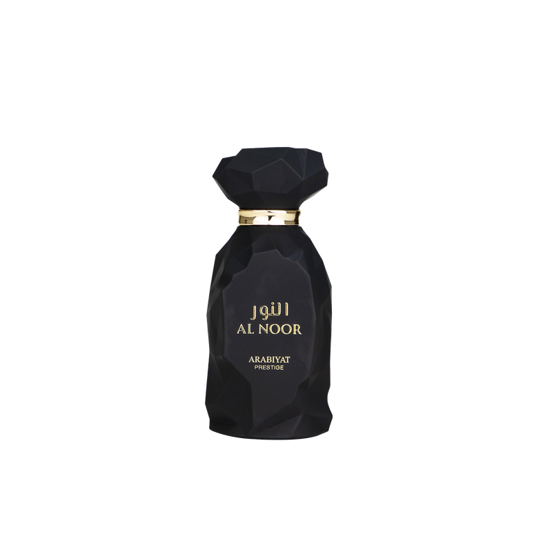 Arabiyat Prestige Al Noor perfume bottle in matte black with gold accents and faceted design.
