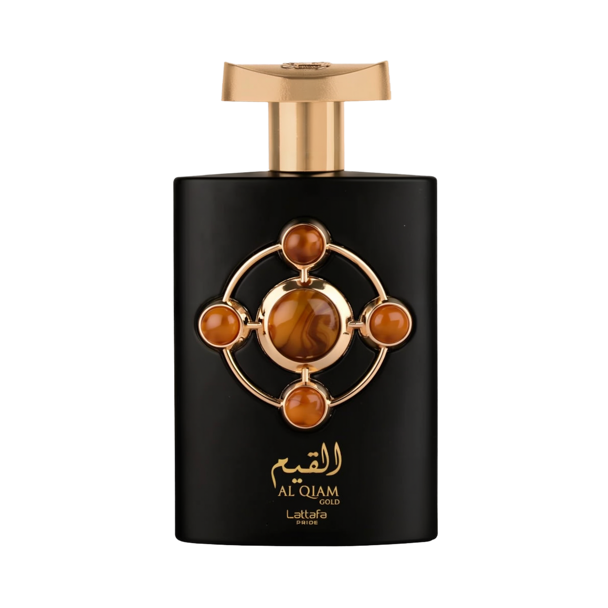 The image is of a perfume bottle named "Al Qiam Gold" from Lattafa Pride. The bottle has a matte black finish with a gold cap. On its front is an ornamental feature consisting of a gold circular frame inset with five amber-colored stones, arranged in a cr