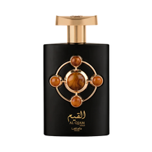 The image is of a perfume bottle named "Al Qiam Gold" from Lattafa Pride. The bottle has a matte black finish with a gold cap. On its front is an ornamental feature consisting of a gold circular frame inset with five amber-colored stones, arranged in a cr