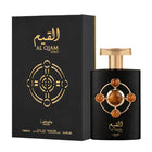 This image shows the packaging and bottle for "Al Qiam Gold" Eau de Parfum by Lattafa Pride.  A gold geometric design is featured in the center of the box, which mirrors the design on the bottle. The box also states "Lattafa Pride," the volume "100mL" and