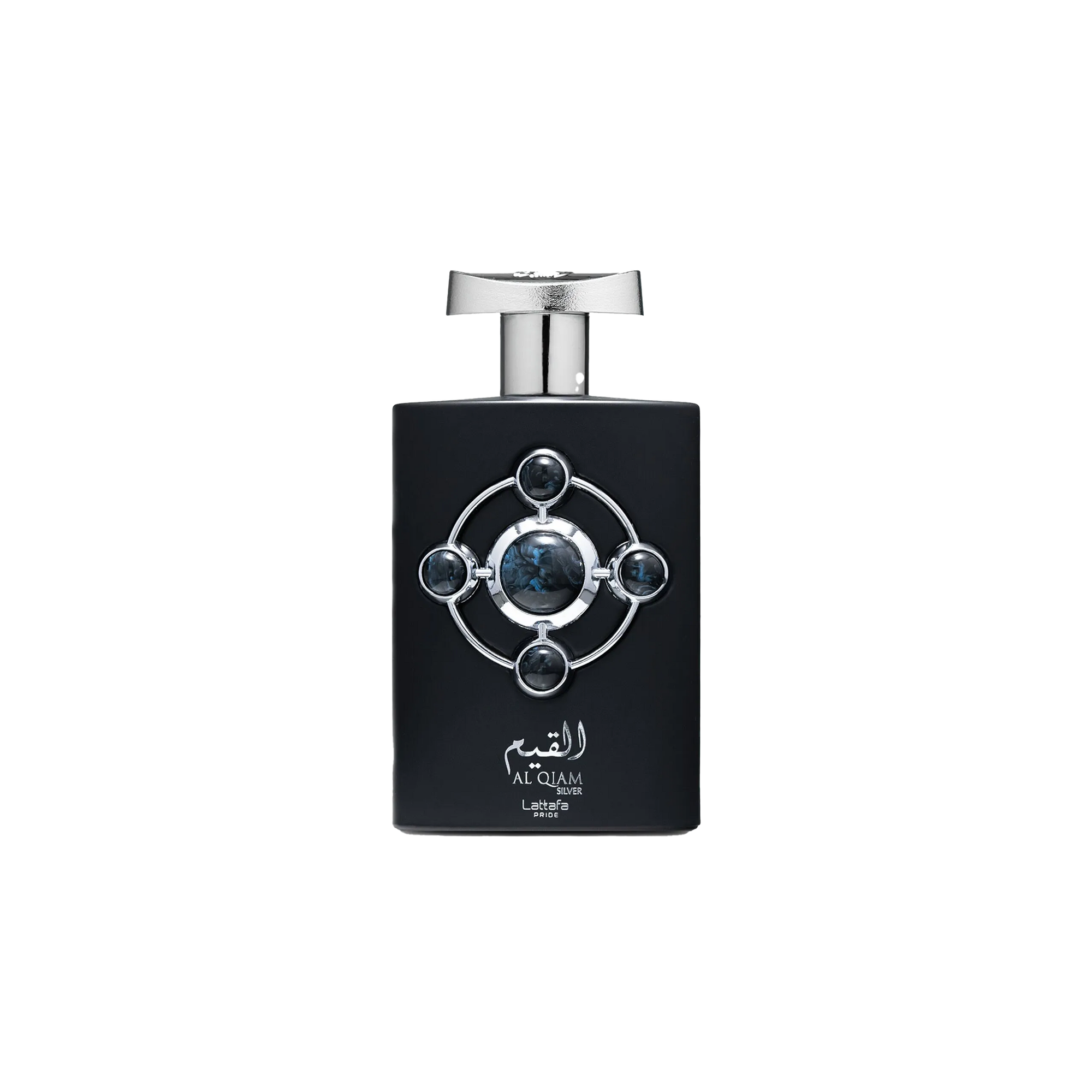 Lattafa Al Qiam Silver perfume bottle in black with silver cap and circular gemstone design.