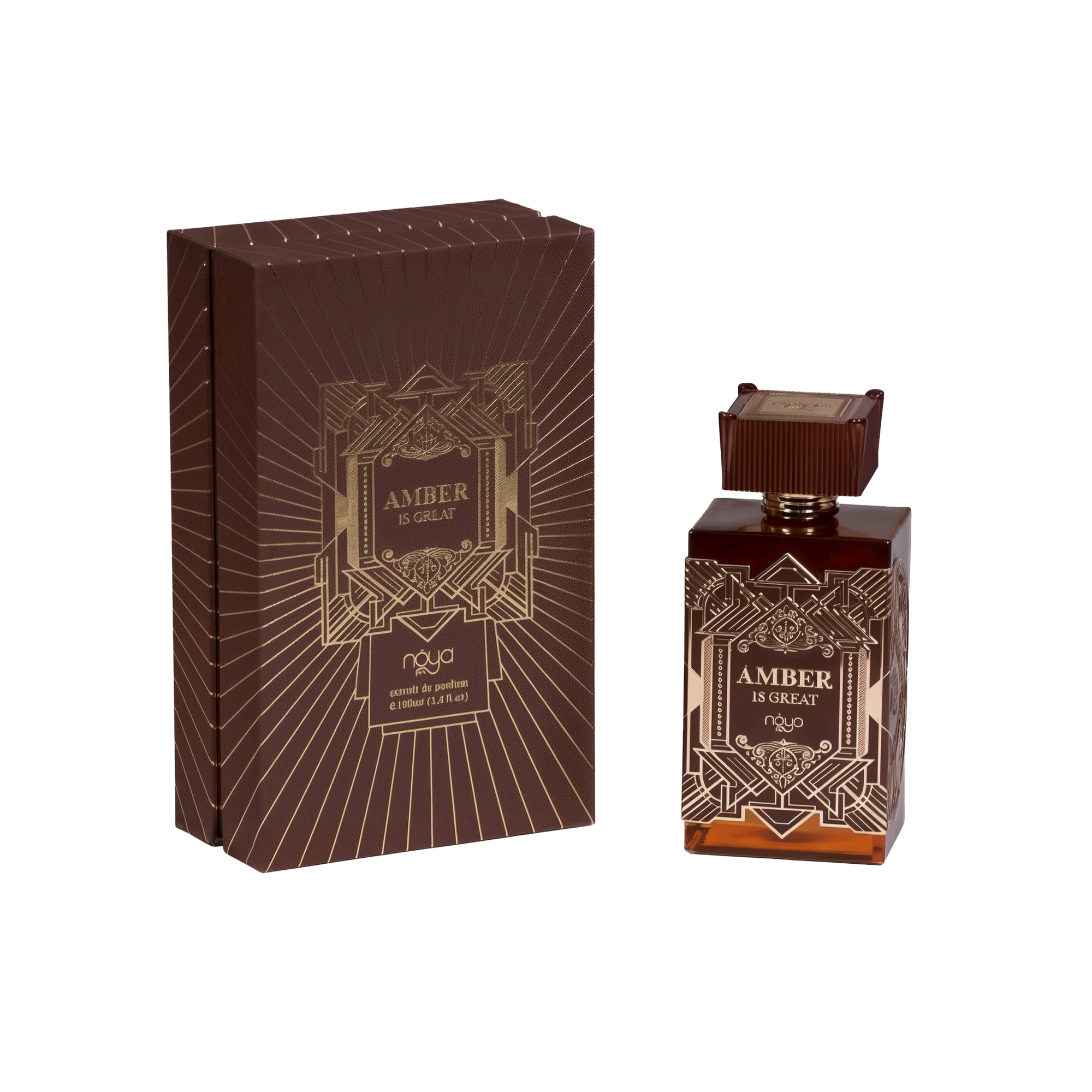 A perfume product set titled "AMBER IS GREAT," featuring a square glass bottle with brown tones and intricate geometric patterns. The cap matches the bottle's design. Accompanying the bottle is a similarly patterned brown box with gold line art and lettering, stating "AMBER IS GREAT" at the center, and the brand "náyá" at the bottom. The background is white.