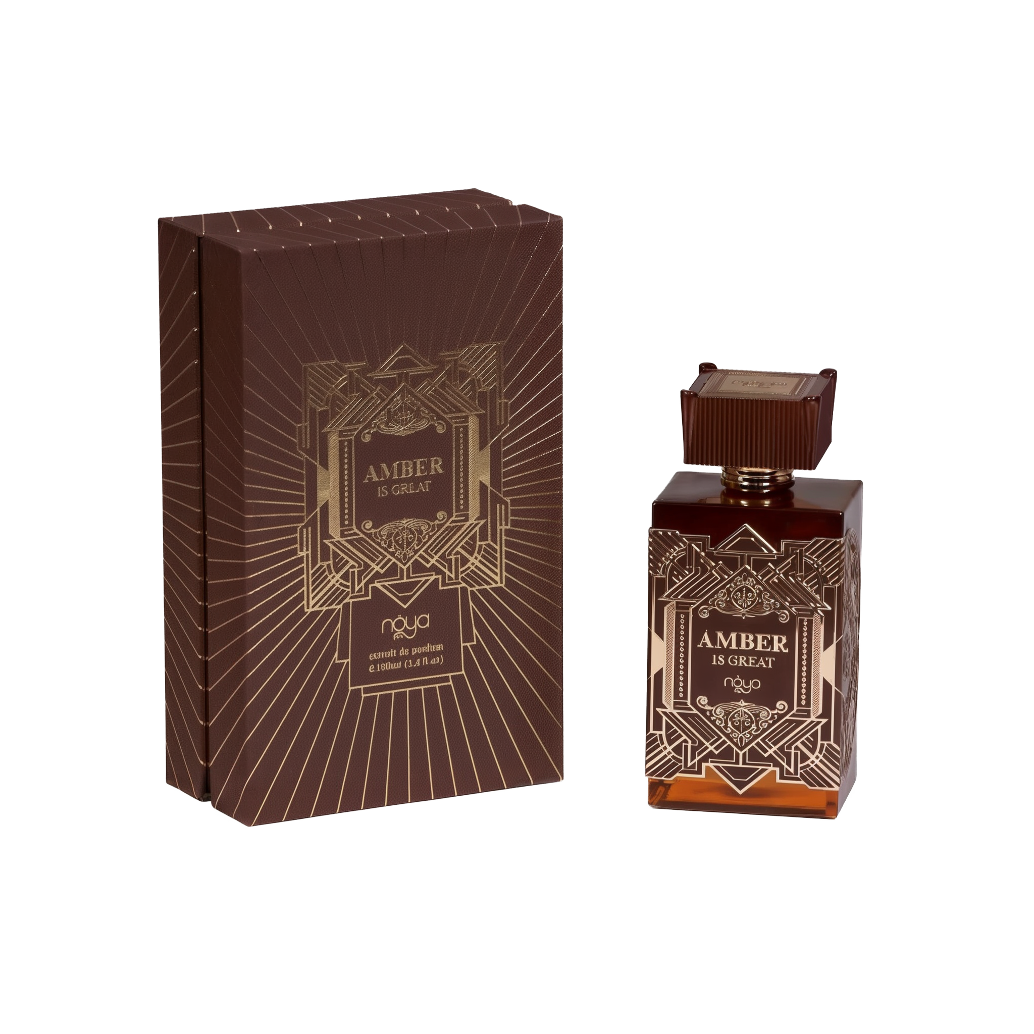 A perfume product set titled "AMBER IS GREAT," featuring a square glass bottle with brown tones and intricate geometric patterns. The cap matches the bottle's design. Accompanying the bottle is a similarly patterned brown box with gold line art and lettering, stating "AMBER IS GREAT" at the center, and the brand "náyá" at the bottom. The background is white.