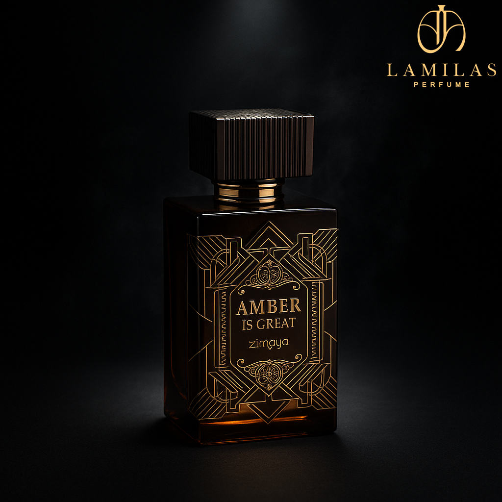 Zimaya Amber Is Great perfume bottle on dark background with gold highlights.